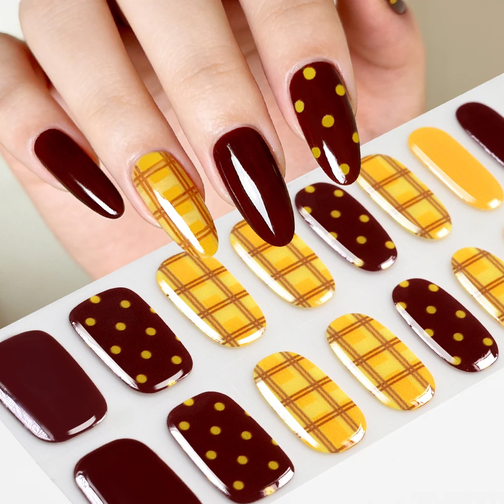 16Tips Burgundy Yellow Plaid & Polka Dot Nail Gel Stickers Semi-Cured Press On Nail Art Wraps for DIY Manicure Decoration Slider