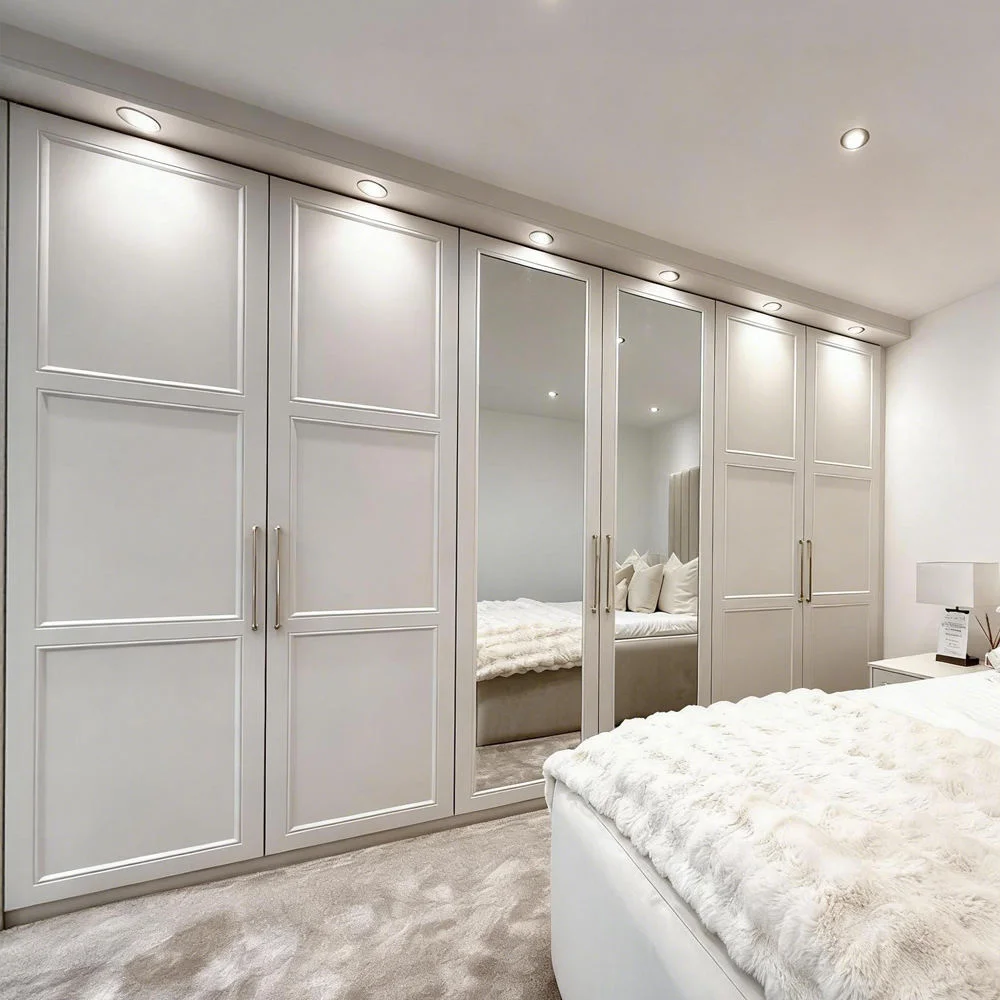 Armoire moderne à portes coulissantes miroir, système en bois blanc sur mesure, solution de rangement optimisant l'espace pour chambre à coucher