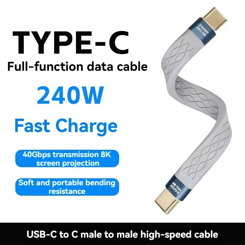 Cable corto tipo C a USB-C PD de 240W, Cable USB 4,0 de carga rápida, transferencia de datos de 40Gbps, Cable de extensión de carga de datos FPC plano y delgado de 8K