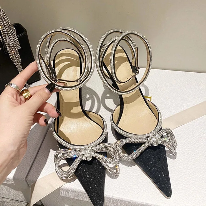 Ins style Glitter Crystal Women Pumps Sexy Ankle strap Rhinestones Bowknot Wedding High heels Fashion Summer Party Prom Shoes