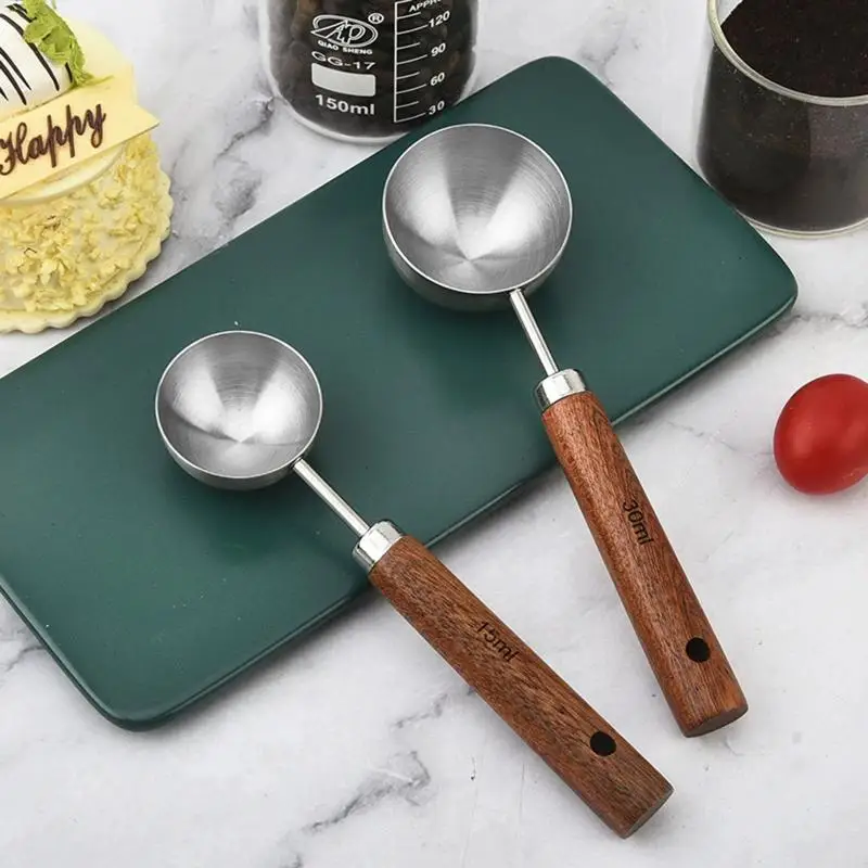 ~Walnut Wood Coffee Scoop Stainless Steel Long Handle Measuring Spoon For Coffee Tablespoon Kitchen Tool Cafe Accessories