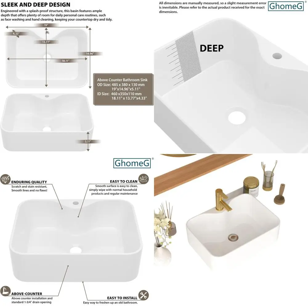 

19x15 White Porcelain Above-Counter Bathroom Sink with Art Basin for Vanity