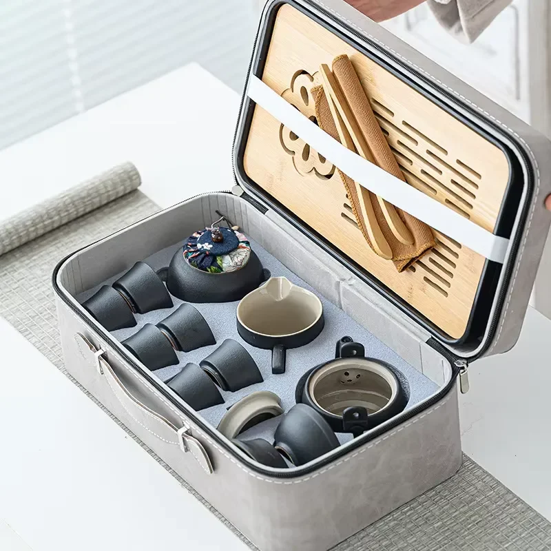 Portable Ceramic Kung Fu Tea Set with Tray for Travel Outdoor Camping Business Gift Customizable Teapot and Cups Wholesale
