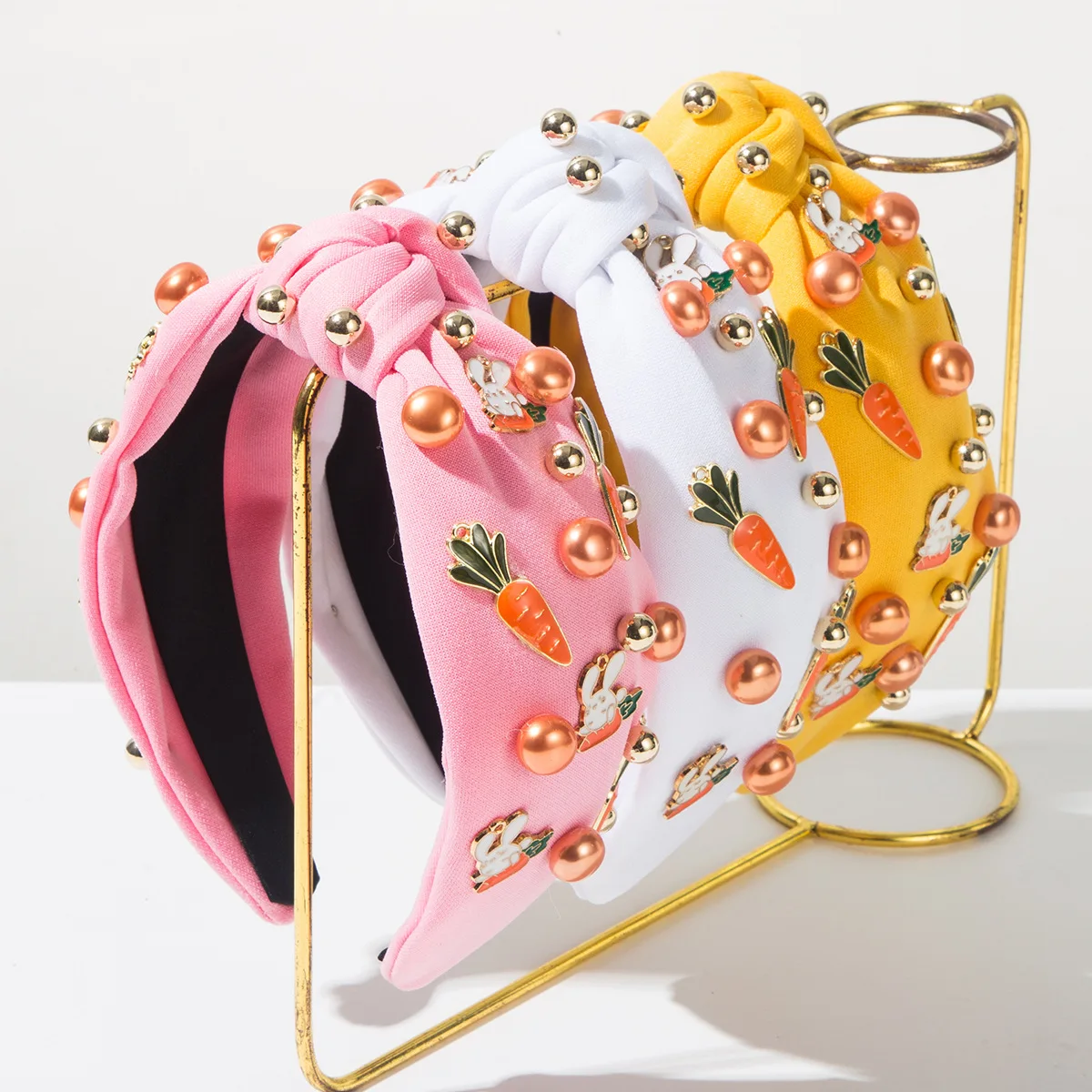 Cute Rabbit Carrot Charm Knotted Headband Bright Faux Pearl Wide Hair Band Adorable Spring Easter Hair Hoop Hairpiece