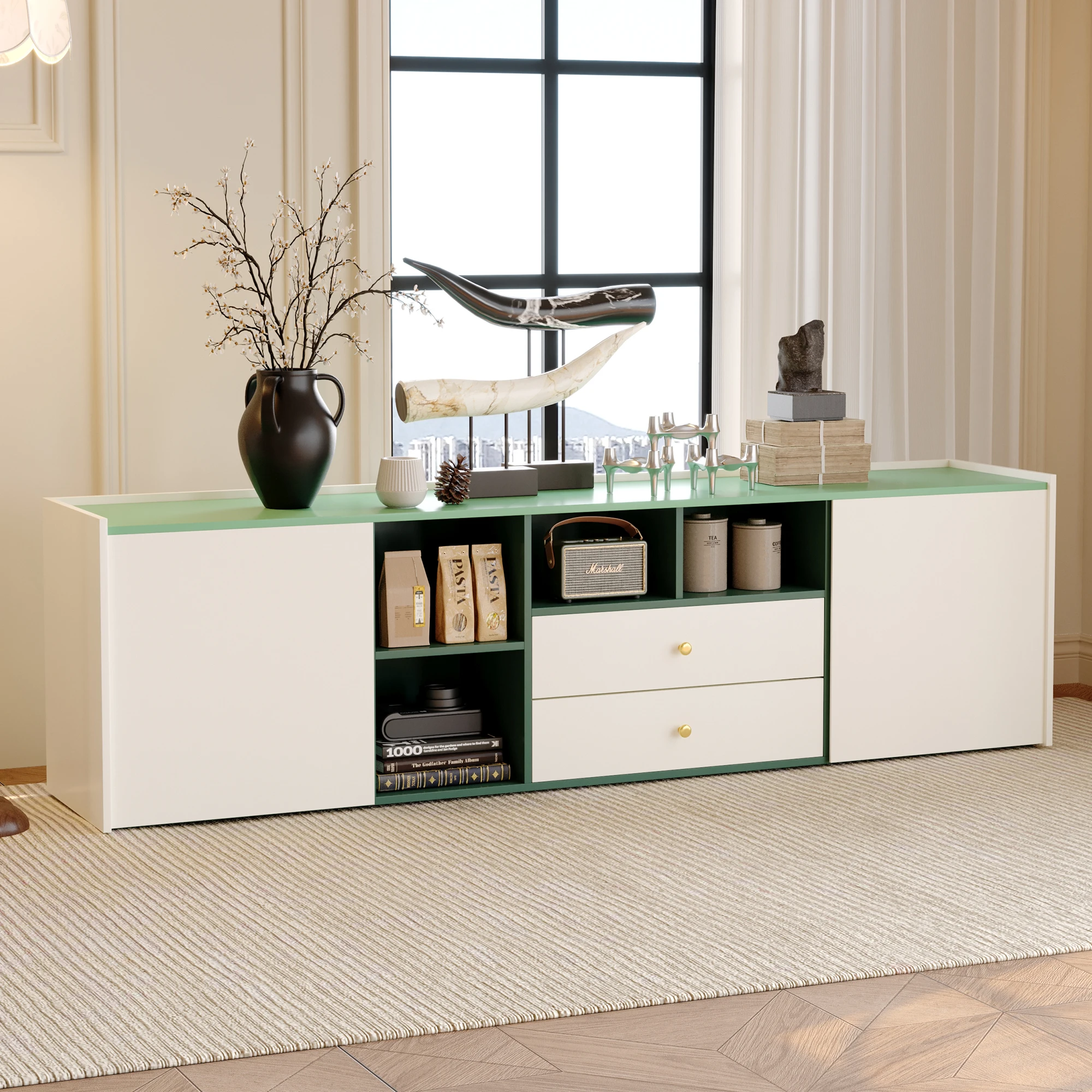 Multi-functional TV stand with Spacious Compartments, Two Drawers, and Stylish Green and White Color Scheme for Home Organizatio