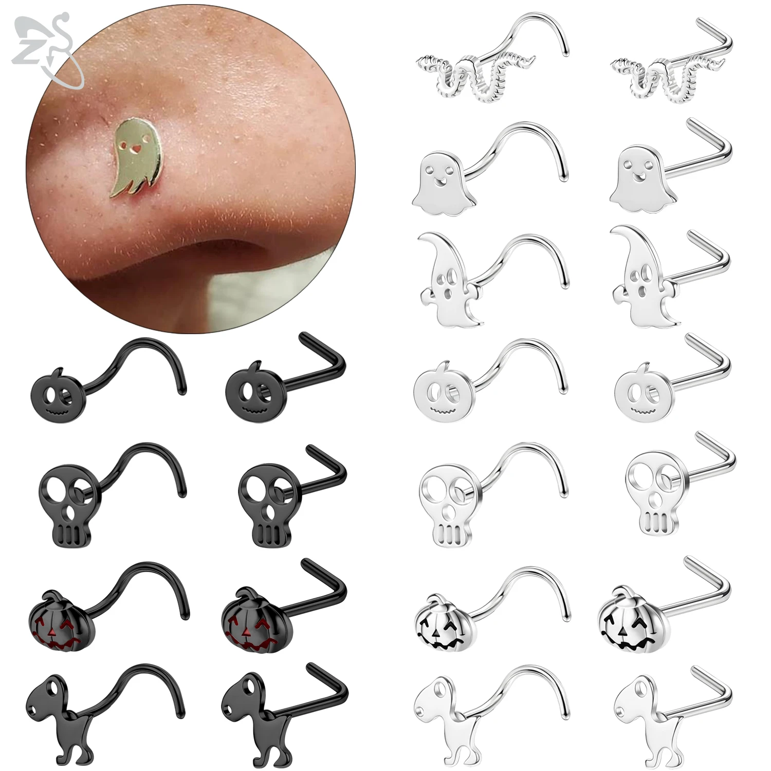 ZS 1PC 20G Pumpkin Skull Snake Nose Piercing Stainless Steel Halloween Nose Stud Black Color Screw L Shape Nostril Piercing