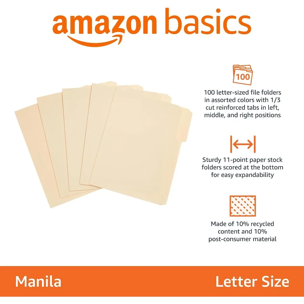 Sturdy File Folders with Reinforced Tabs, Letter Size, Manila, 100-Pack for Office Organization