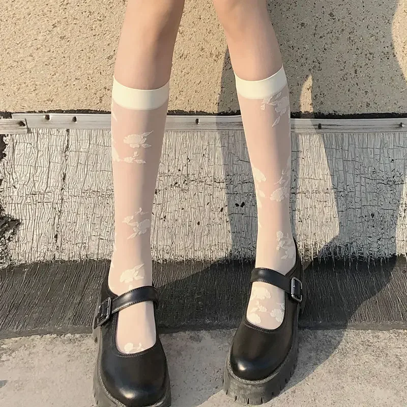 French Rose Socks Lolita Knee High Cartoon Sweet Retro Court Stocking Tights Flower Sexy Silk Stockings