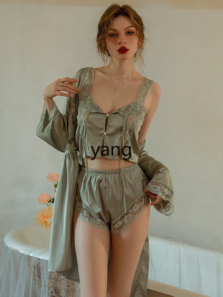 LMM summer three-piece set lace suspenders spring and autumn small chest set nightdress loungewear