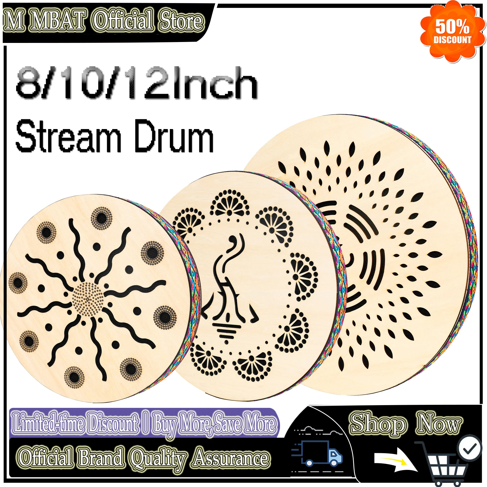 M MBAT Stream Drum 8/10/12 Inch Ethnic Tambourine Solid Wood Drum Rain Sound Drums Simulate The Sound of Water Double-Side Drum