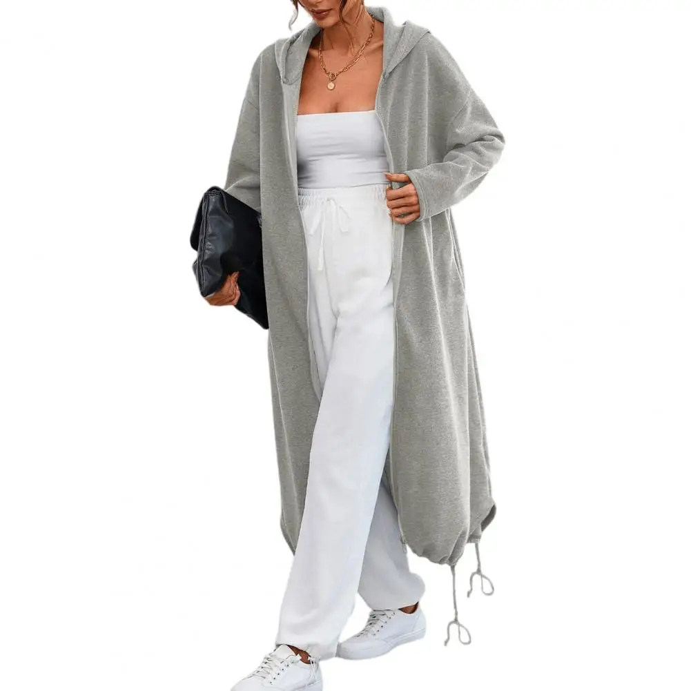 Long Coat with Hood Women’s Long Hooded Jacket for Fall Winter Oversized Zip-up Coat Solid Color Tunic Hoodie with Pockets