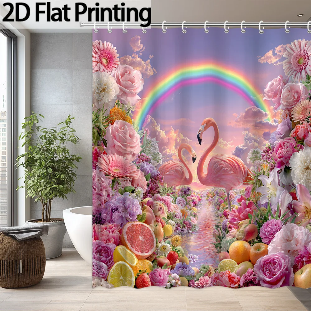 Vibrant Watercolor Floral Shower Curtain Rainbow Pink Flamingo Tropical Garden Bathroom Decor