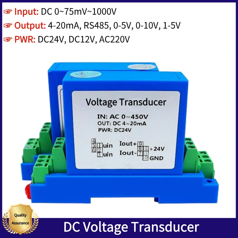 

DC Voltage Isolation Transmitter Voltage Sensor Input DC 0-1000V Output 4-20mA 0-10V DC24V AC220V 35MM Rail Installation