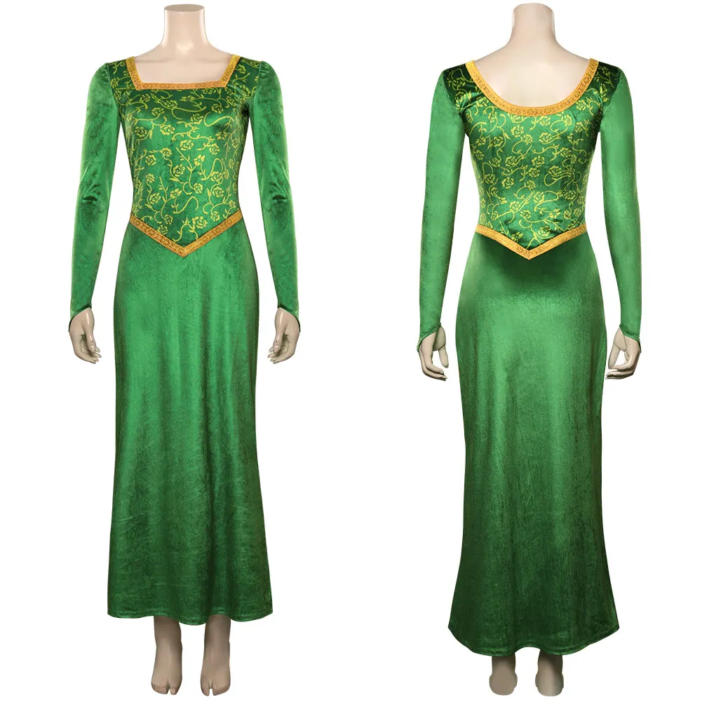 

Adult Princess Fiona Cosplay Costume Dress Outfit Women Cartoon Green Square Collar Long Dress For Ladies Halloween Role Play