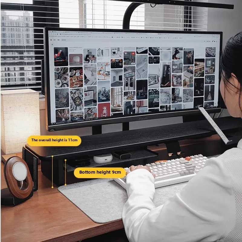Dudukan Monitor Modular Rak Riser Desktop Kayu Walnut Hitam Tempat Tinggi Layar Ergonomis Organizer Meja Kantor Ruang Esports