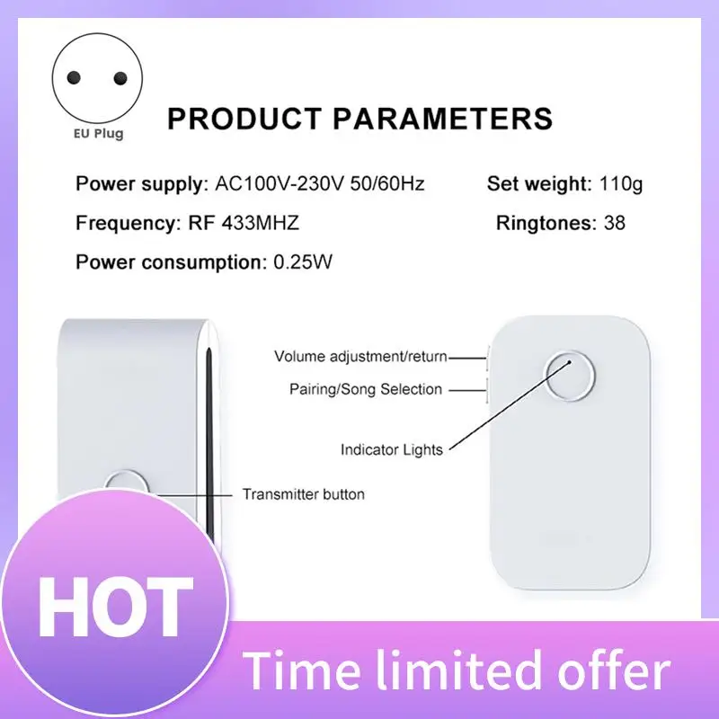 

B68A 433 МГц самогенерирующийся беспроводной дверной звонок 38 мелодий Dingdong дверной звонок пейджер для пожилых людей для умного дома