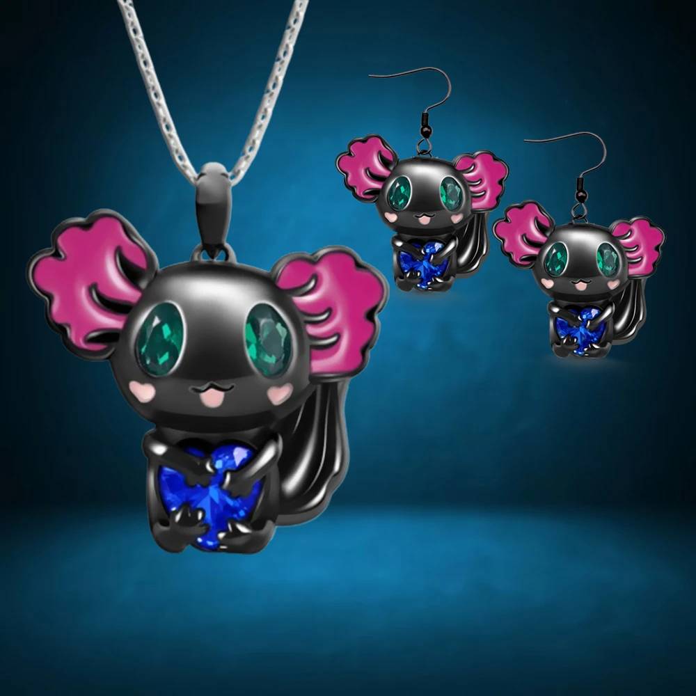 Cute Black Axolotl Zircon Cartoon Pendant Necklace Ladies FAashion Animal Jewelry Set Luxury Personalized Birthday Party Gift