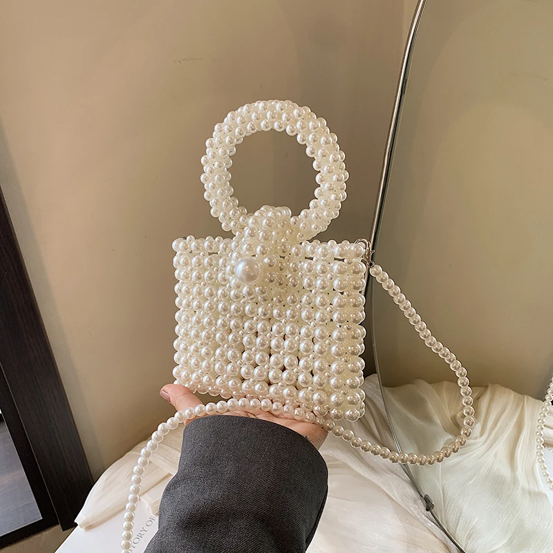 Pearl Beading Small Square Shoulder and Crossbody Bags Simple Fashion Versatile Handbags for Women 2024 Designer New Style