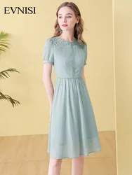 EVNISI Chiffon Elegant Dresses Women's 2022 Summer New Temperament O-neck Hollow Out Lace Patchwork Knee-length Dress