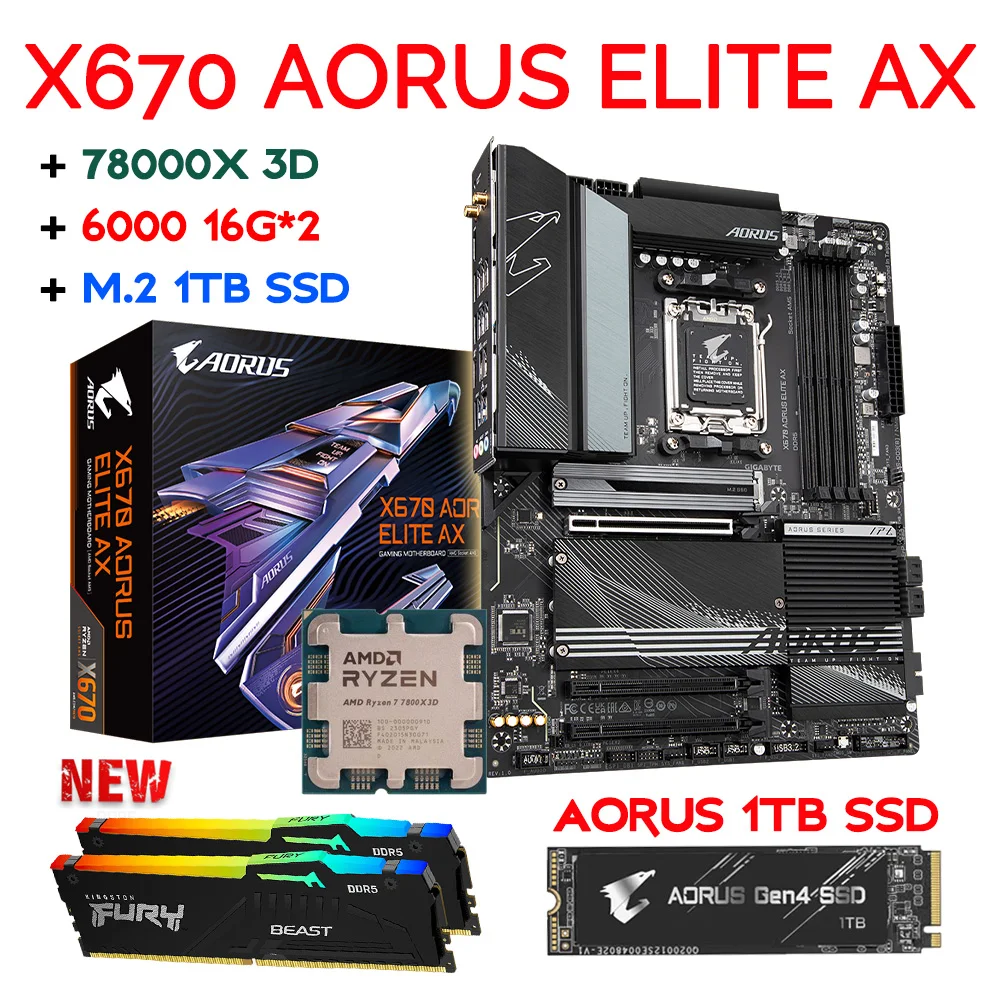 

AMD Ryzen 7 7800X 3D Ryzen Kit Gigabyte X670 AORUS ELITE AX DDR5 X670 Motherboard Suit Kingston DDR5 Memory 32GB 1TB SSD New