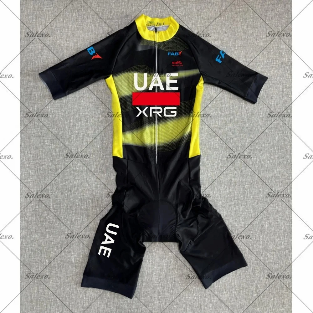 

LASER CUT Skinsuit 2025 UAE XRG TEAM Men's BLACK Short Sleeve Jumpsuit Bodysuit SHORT Cycling Jersey Bicycle with 7 Hours Pad