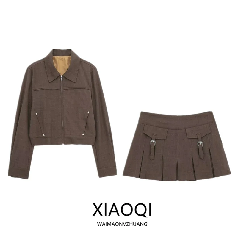 

Весна 2024, женская универсальная приталенная восковая куртка, юбка с высокой талией, брюки, комплект Faion, весна 25–35 лет