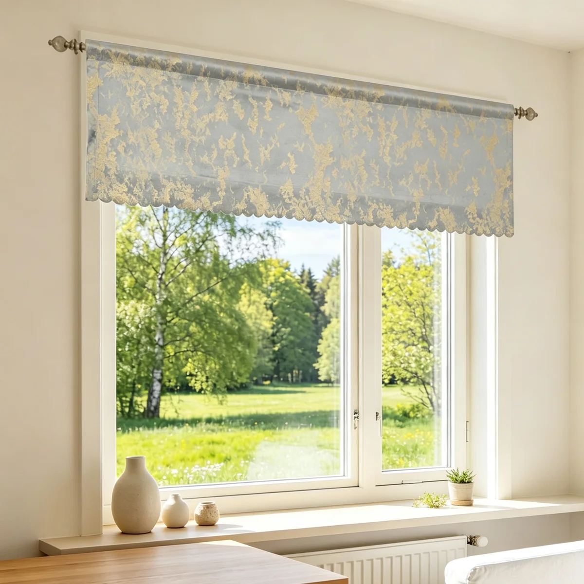 Light Grey Gold Foil Marble Velvet Straight Valance, Scalloped Edge Vintage Luxury Window Header for Living Bedroom Decor