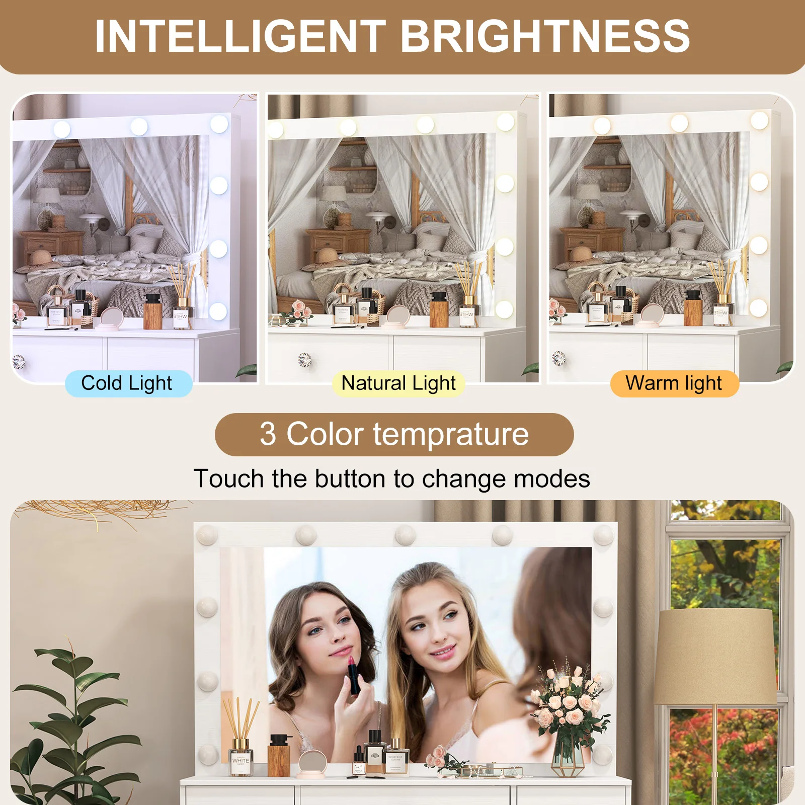 زينة خشبية مستوحاة من الطراز العتيق مع مرآة مضاءة - 3 أوضاع إضاءة وأدراج وأرفف واسعة