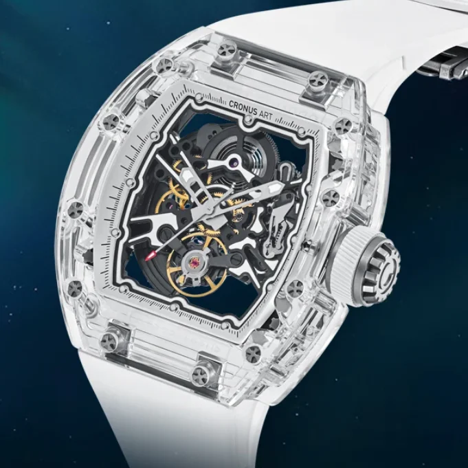 

CRONUSART Men Automatic Watch 50mm Tonneau Mechanical Wristwatch Acrylic Case Luminous FKM Rubber Strap Skeleton Dial