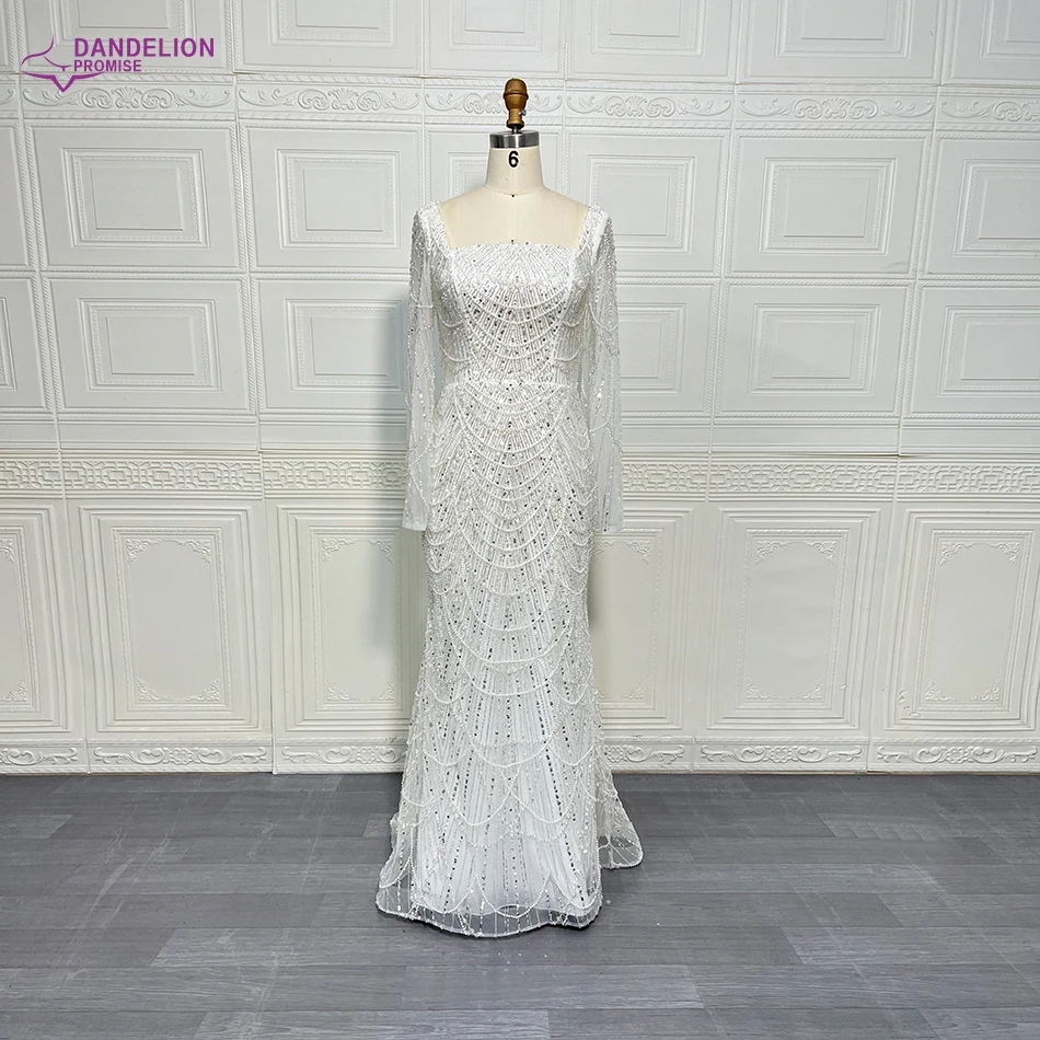 Elegant Mermaid Pearls Evening Dress for Women Dubai Arabic Muslim Long Sleeves Square Collar Formal Prom Wedding Party Gowns