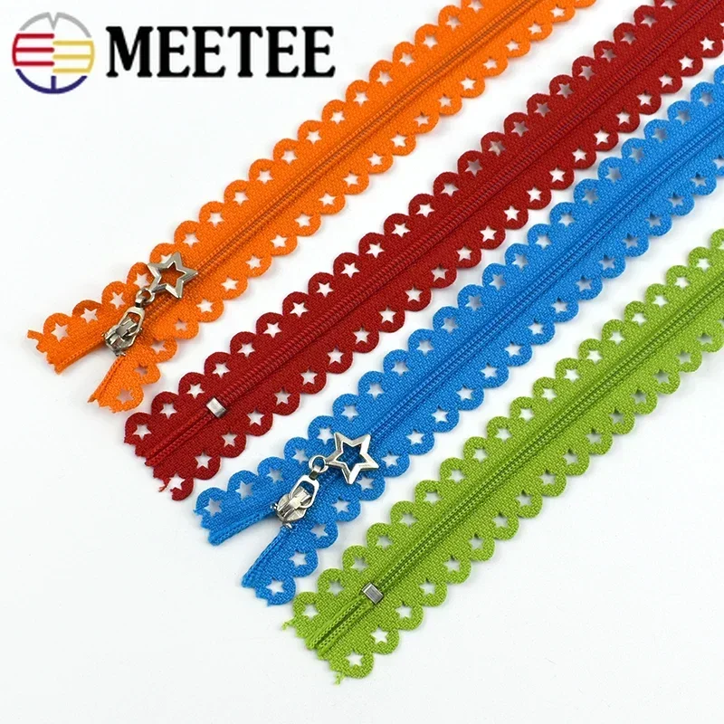 5Pcs 25cm(9.8Inches) 3# Close-End Nylon Zipper Star Slider Lace Decor Colorful Zip DIY Bag Garment Clothes Sewing Accessories