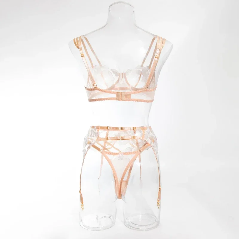 Thin mesh bikini with embroidery, sexy hollow-out shapewear lingerie, garter belt three-piece set