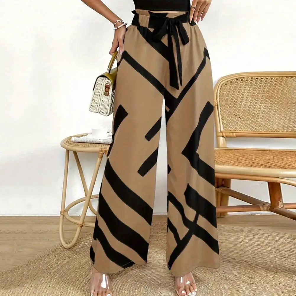 

Women Casual Pants Elastic High Waist Adjustable Drawstring Wide Leg Long Trousers Line Print Pantalones OL Work Baggy Trousers