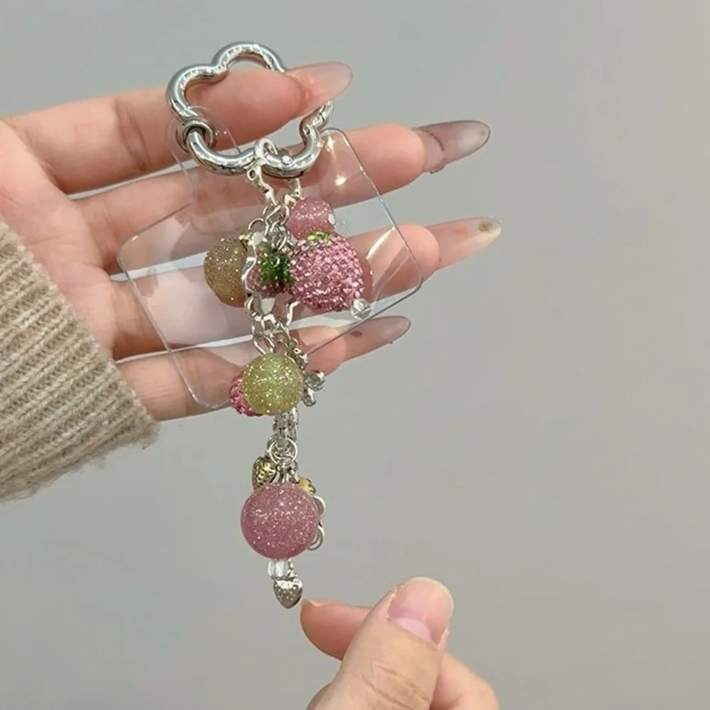 Lovely Alloy Strawberry Keychain Pink Sparkling Phone Charm Flower Hardware Bead Bag Charm Daily Use