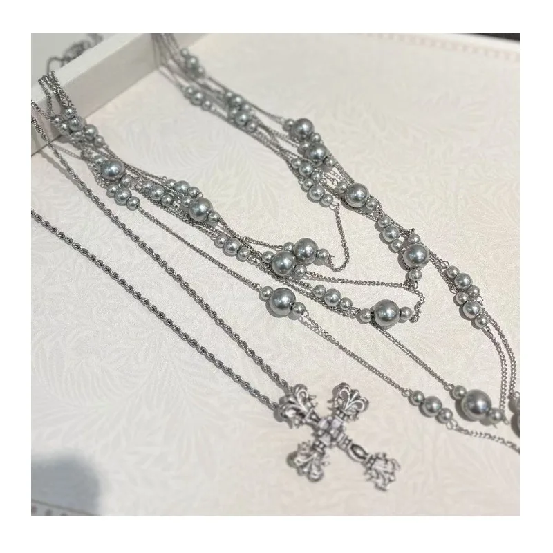 

Multi-layer Silver-gray Pearl Gypsy Cross Neck Chain Long Beaded Necklace Niche Design Sweater Chain Women