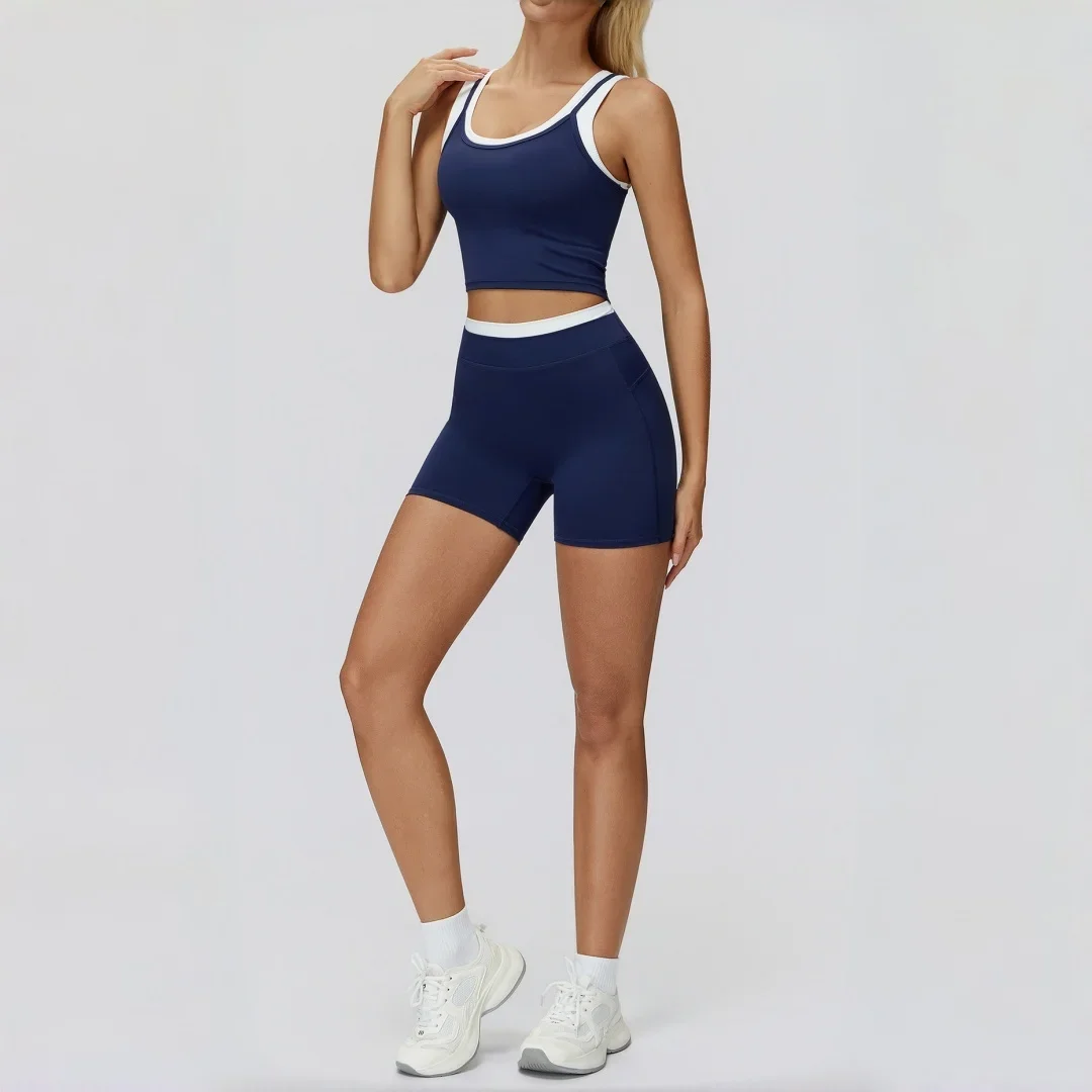 Set da yoga finto in due pezzi color block da donna fitness a costine a vita alta pesca anca casual corsa allenamento abbigliamento palestra set sportivo