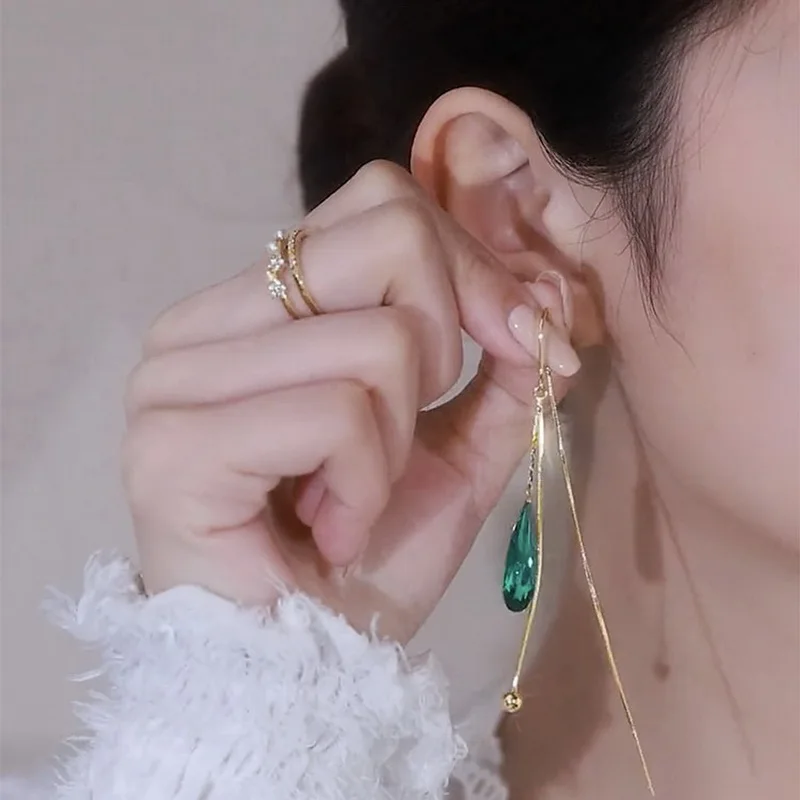 Korean New Trendy Long Green Crystal Drop Earrings Vintage Temperament Tassel Ear Line Earrings For Women Jewelry