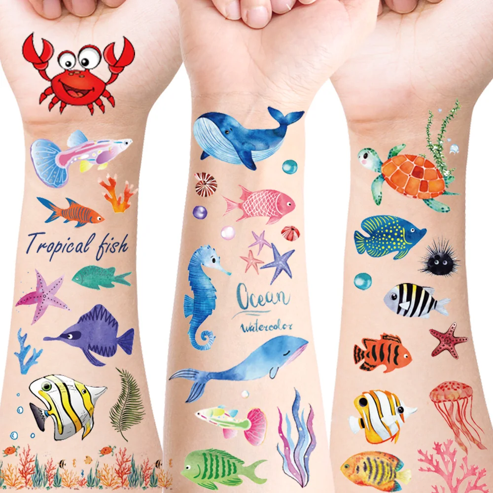 12 Pieces of Ocean Tattoo Stickers with Watercolor Designs of Cartoon Underwater World, Tropical Fish, Whales, and Sea Turtles, Ocean-Themed Birthday Party Favors, Summer Seaside Vacation Decorations, Christmas Gifts