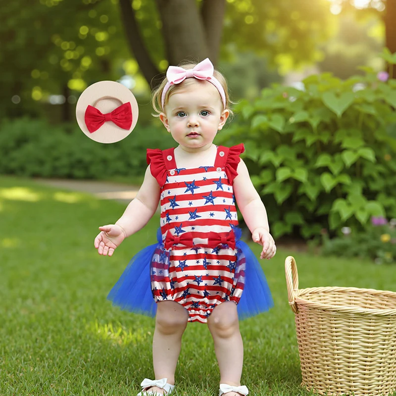 

Independence Day Outfit Summer Baby Girls Patriotic Star Stripe Print Romper Dress and Headband Set Newborn Clothes