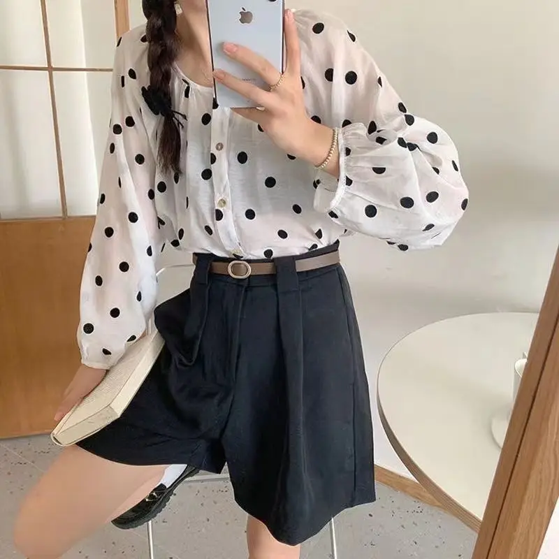 Polka Dot Long Sleeved Top for Spring and Autumn New Style Round Neck Collarbone Exposed Shirt for Women Loose and Breathable