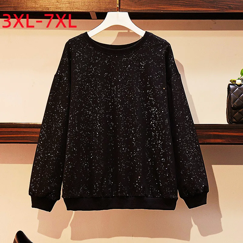 New 2022 Spring Autumn Plus Size Tops For Women Large Loose Long Sleeve Black Sequins Sweatshirt 3XL 4XL 5XL 6XL 7XL