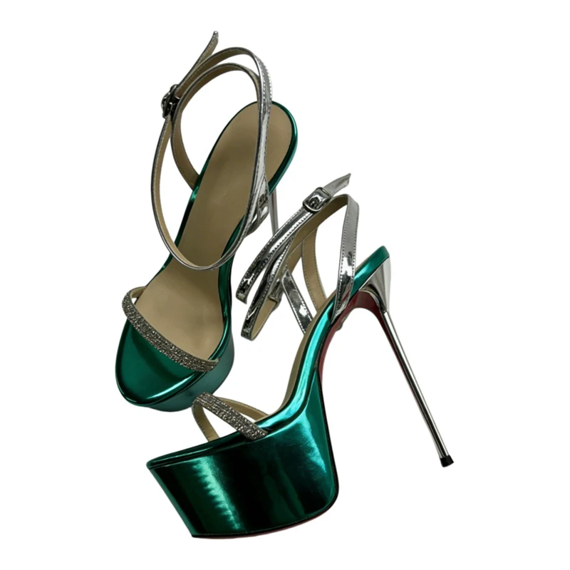 Summer round toe patent leather rhinestone with waterproof platform sandals banquet large size ultra-high-heeled women's sandals