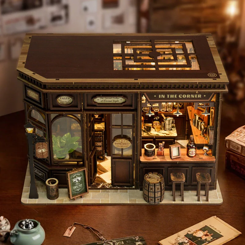 ชุดตัวต่อไม้สร้างโมเดลบ้านไมโครแลนด์สเคป ร้านเหล้าขนาดเล็ก DIY ประกอบเอง ของเล่นสร้างสรรค์ 3 มิติ