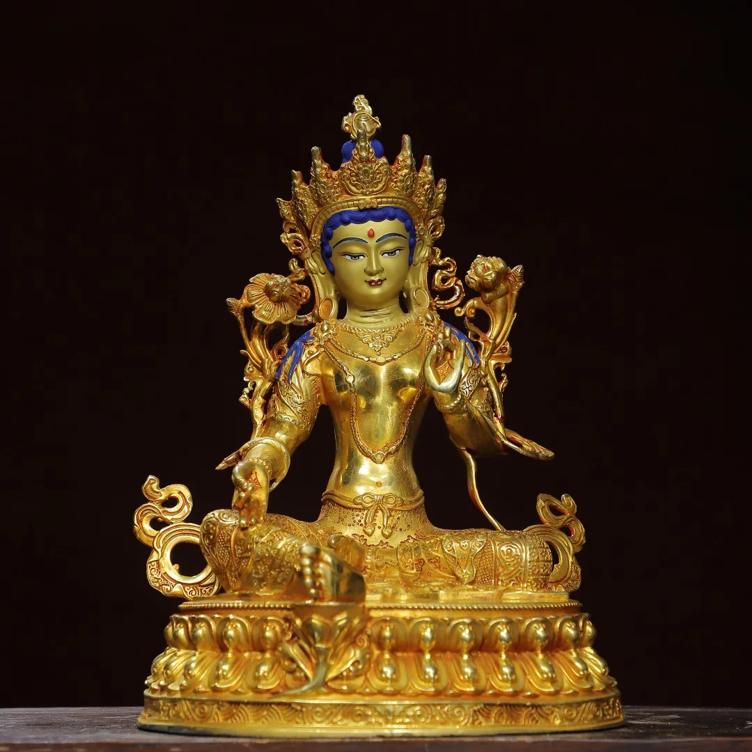 

11"Tibetan Temple Collection Old Bronze Gilded Painted Face Green Tara Lotus Sitting Buddha Worship Hall Town house