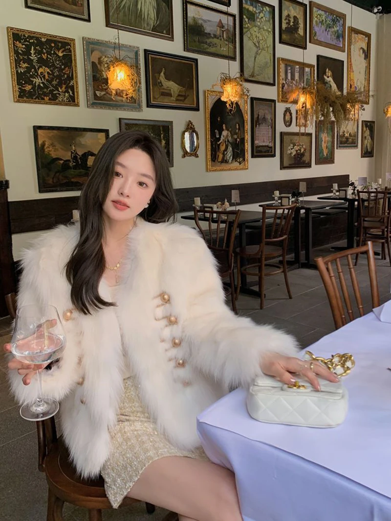 Chic White Women Faux Fur Jacket Pearl Button Coat Collarless Long Sleeve Cropped Loose Luxury Cozy Winter Outerwear Top