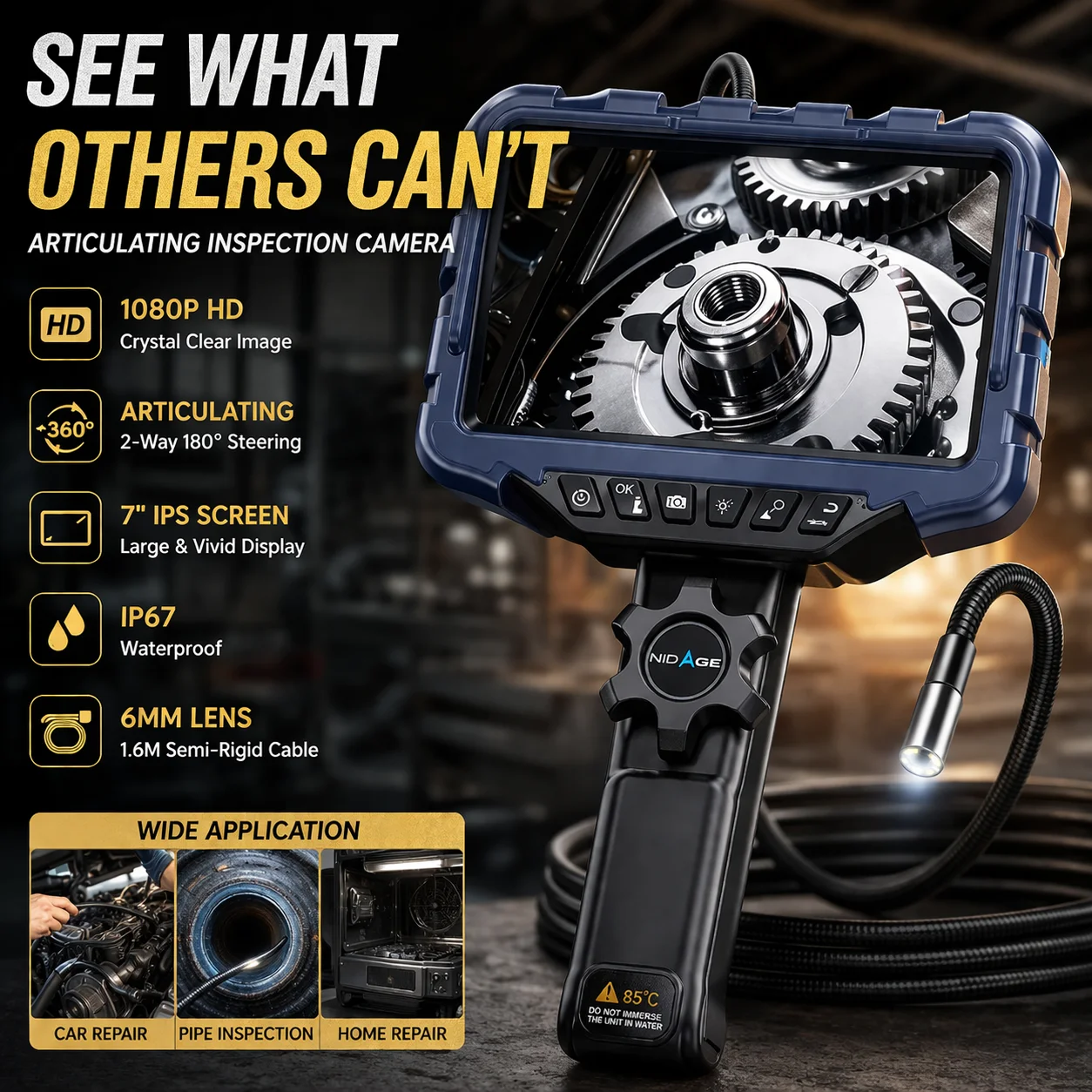 7” HD Inspection Camera 360° Steering Borescope 3.9mm/6.2mm/6.5mm IP67 Waterproof for Auto Pipe Wall Inspection