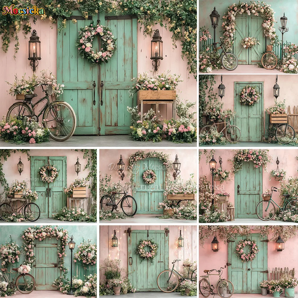 Spring Flower Garden Background Photography Green Wooden Door Bicycle Lantern Backdrop Decor Girl Adult Birthday Photo Studio