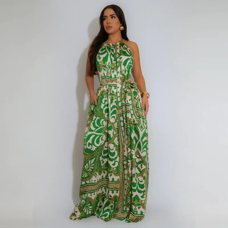

KEXU Summer Women Printed Halter Neck Backless Wide Leg Jumpsuits 2025 Sexy Party Club Beach One Piece Suit Romper