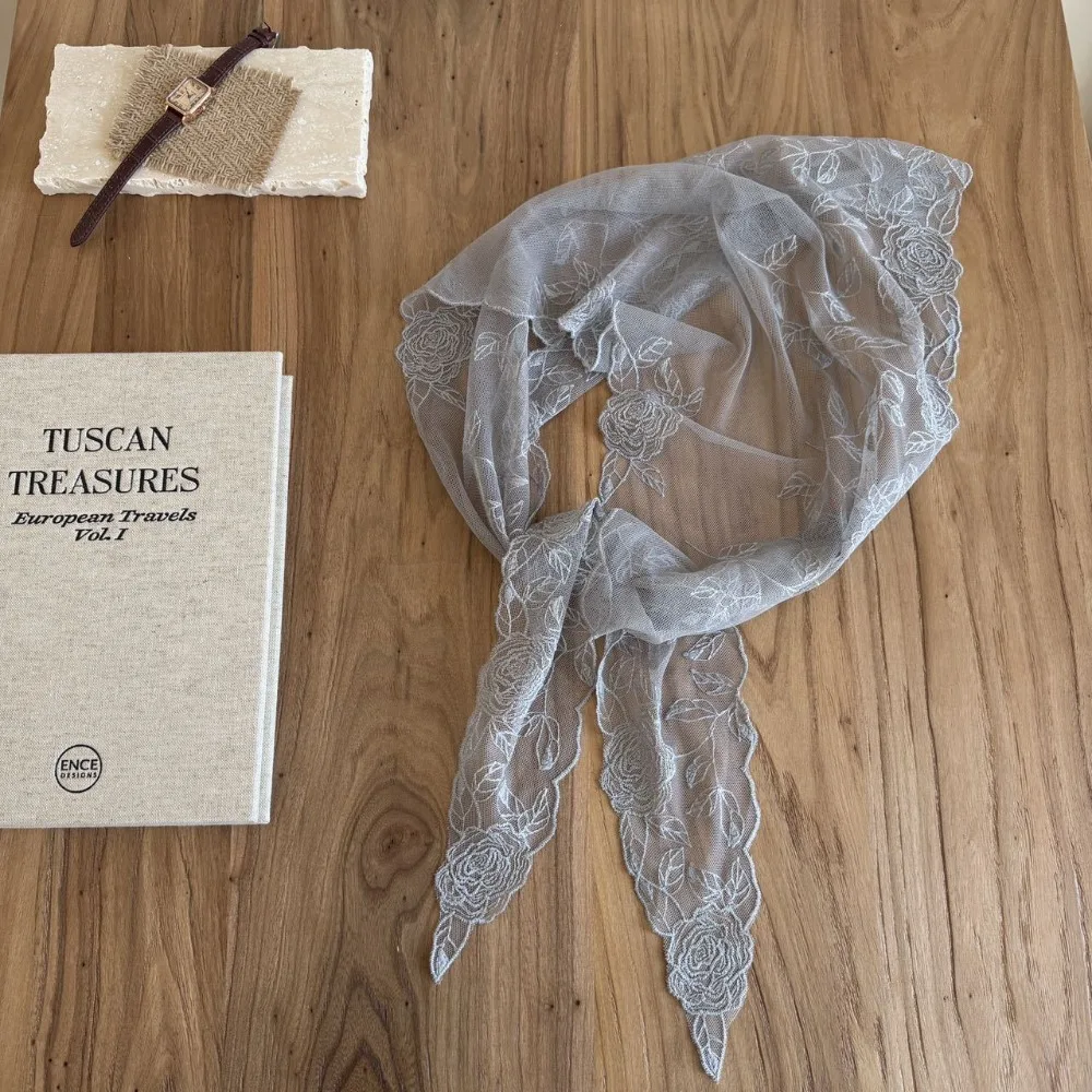 

Breathable Mesh Rose Scarf Three-Dimensional Rose Lace Design Mesh Headscarf Lightweight Triangle Shape Silk Scarf Spring