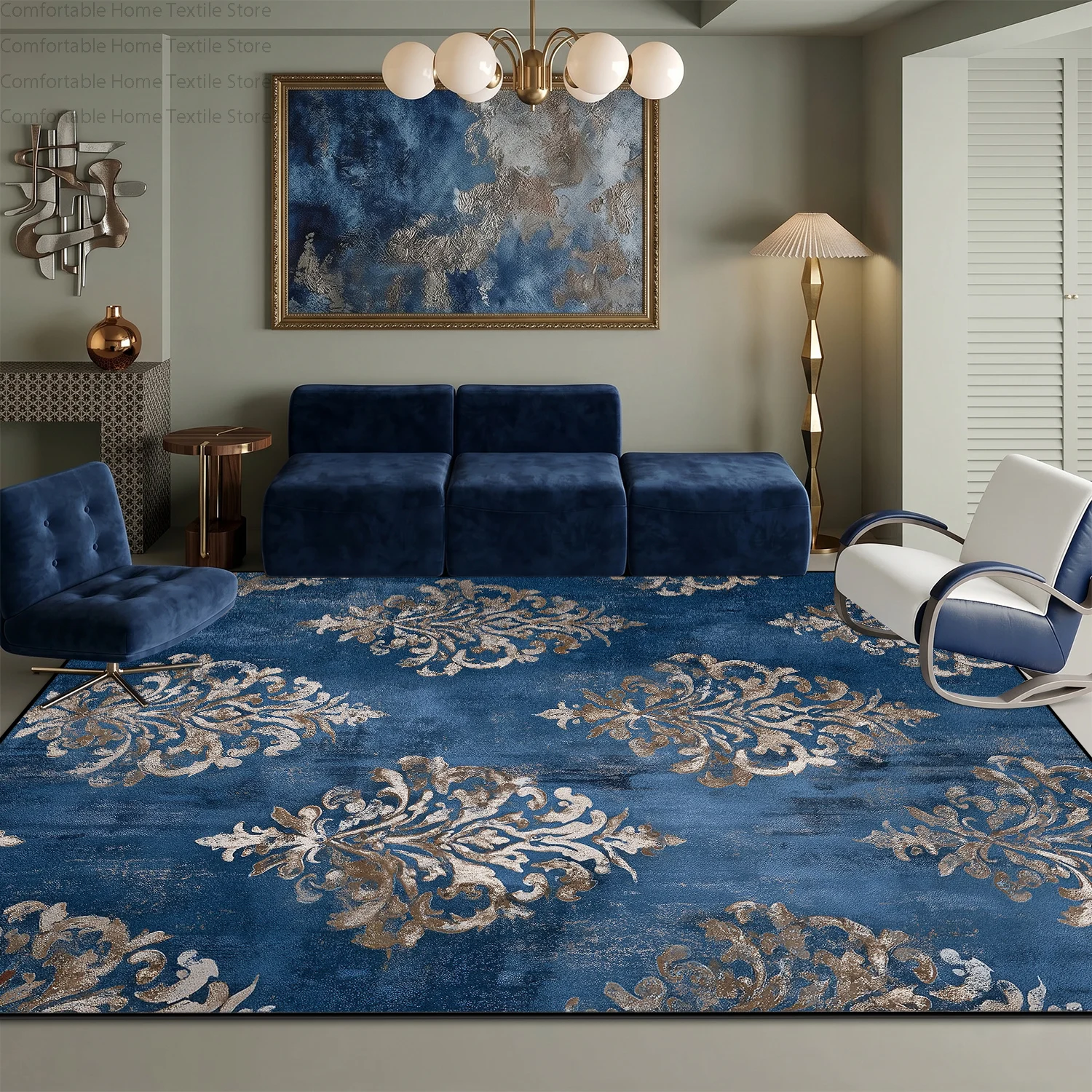 Blue Background Damascus Style Living Room Carpet Decoration Bedroom Non-slip Soft Rug Large Area Washable Fluffy Big Floor Mats